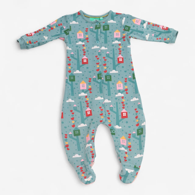 Sleepsuit Green with Tree Houses and Clouds