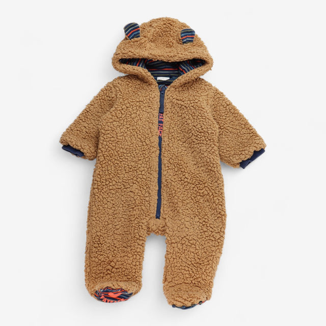 Pramsuit Brown with Ears & Navy Striped Lining