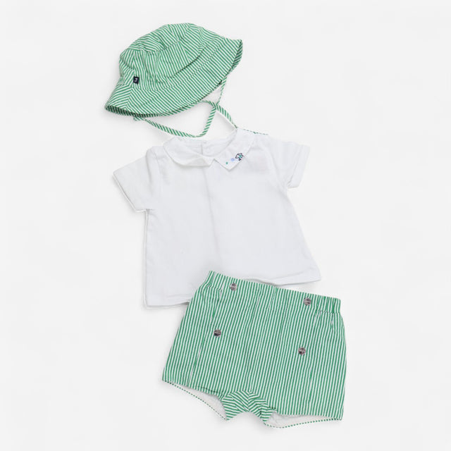 Outfit short shirt and hat green stripe dog