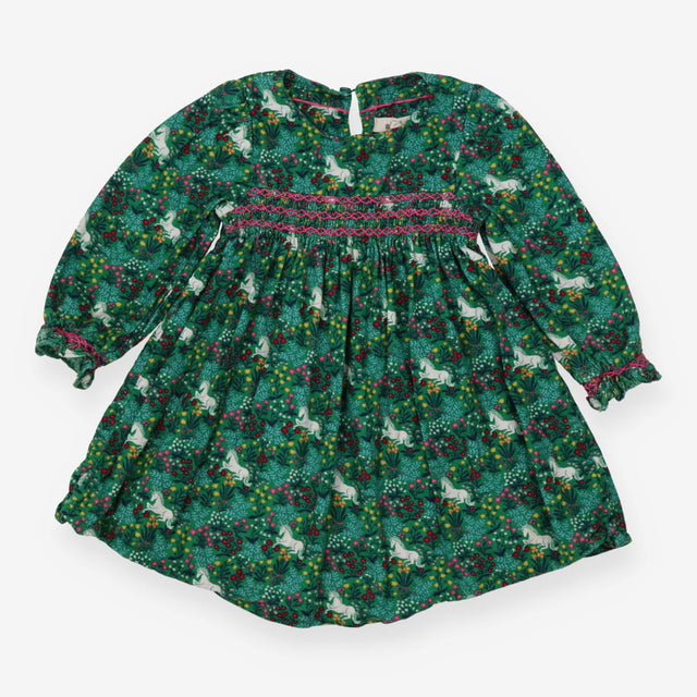 Dress green cord smocked unicorns