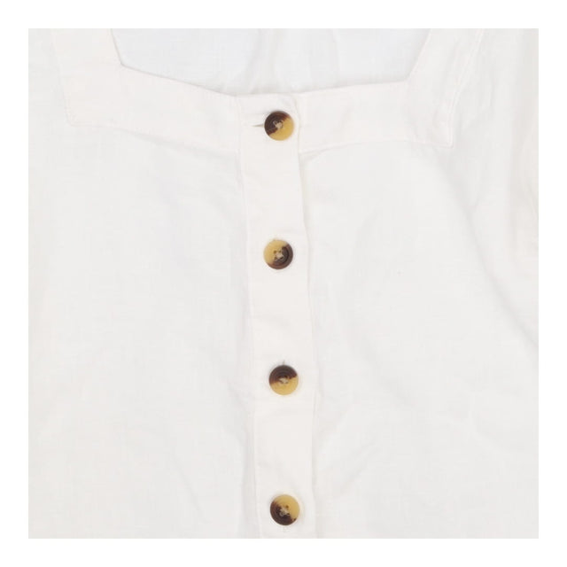 White Pure Linen Square Neck Button Blouse