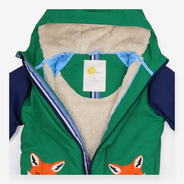 Green fleeced line coat with fox applique
