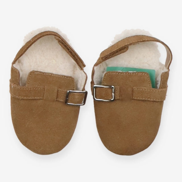 Pram shoe tan suede fur lined sling back