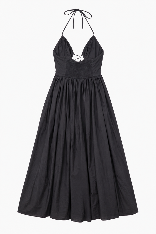 Midaxi Dress in Black Cotton with Halter Neck and