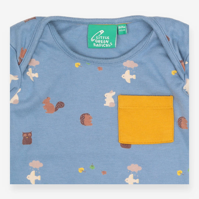 Tee blue woodland creatures pocket LS