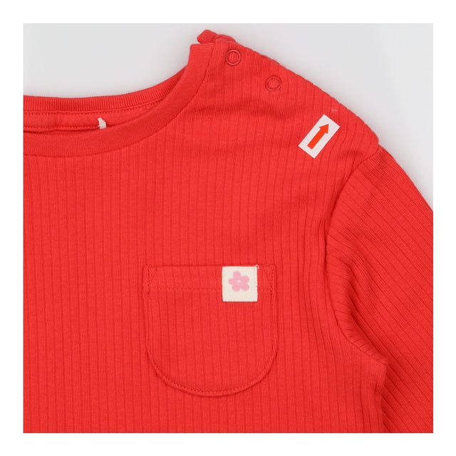 T-Shirt Long Sleeved Red Ribbed with Flower Appliq