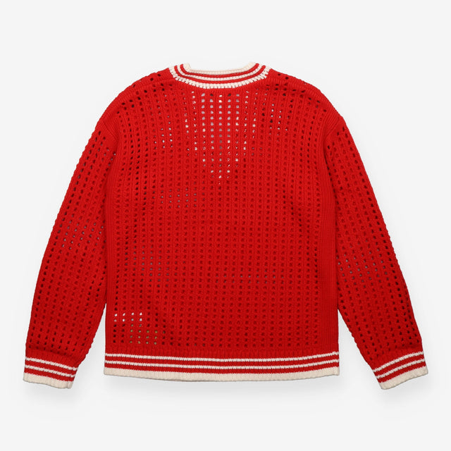 Red Cotton Blend Open Knit V-Neck Cricket Jumper W
