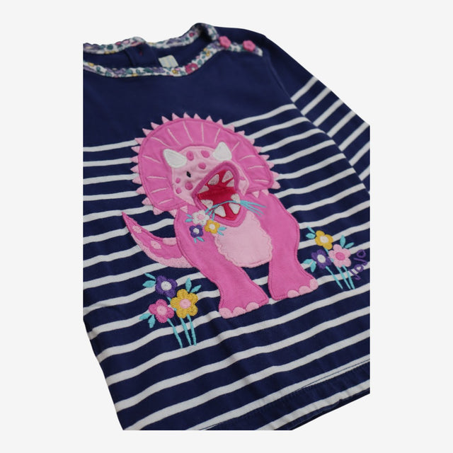 T-shirt LS Blue Stripe with Pink Triceratops