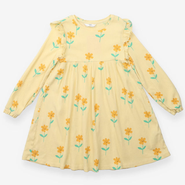Yellow ribbed jersey dress with orange flowers
