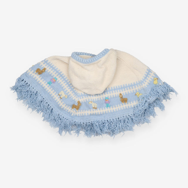 Poncho Knit Hooded White and Blue Animal Appliques