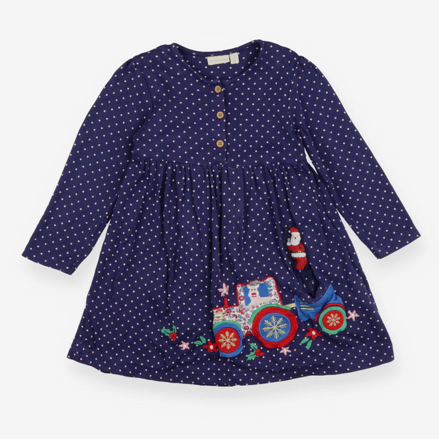 Dress Blue White Spots Applique Christmas Tractor