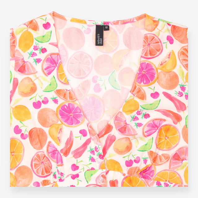 Dress White Citrus Cherry Print V Neck Midi