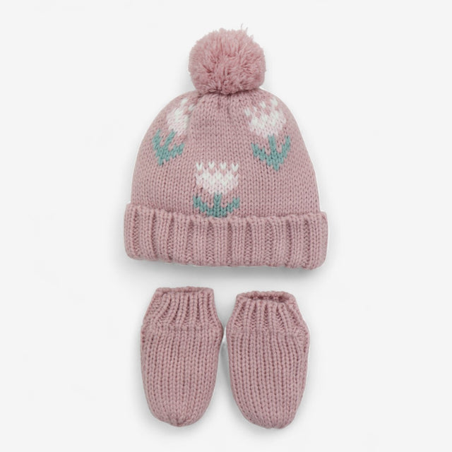 Pink Knit Bobble Hat & Mittens