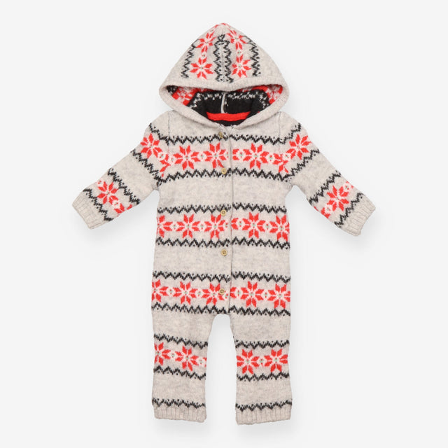 Hooded One Piece Grey Knit Fairisle Snowflakes