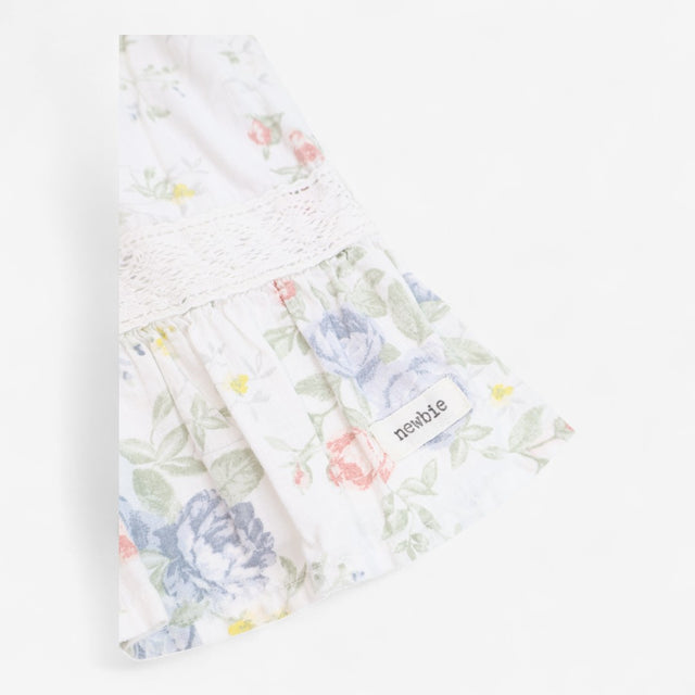 Dress White with Flowers & Lace Detail & Frill Det