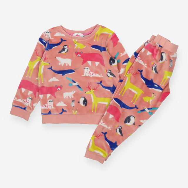 Pink velour pyjamas with winter animals