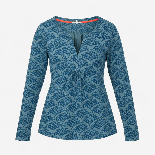 Top Blue Patterned Long Sleeve V-Neck