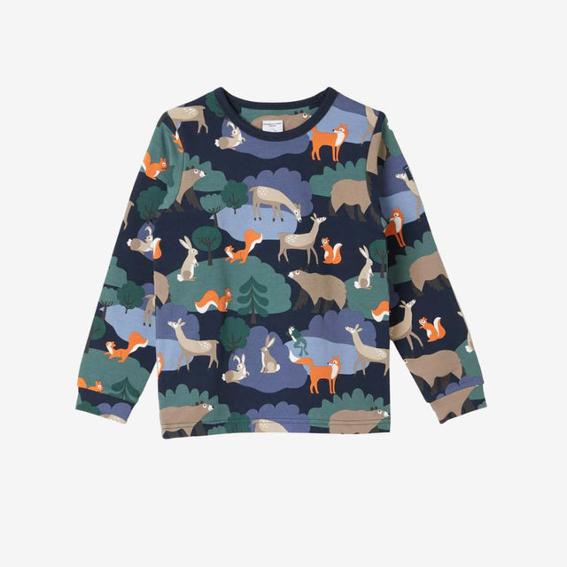 Woodland print brushed cotton long sleeve top blue