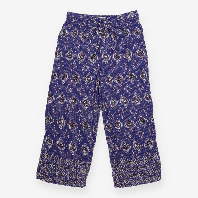 Wide Leg Trousers Blue Boho Print Tie Waist