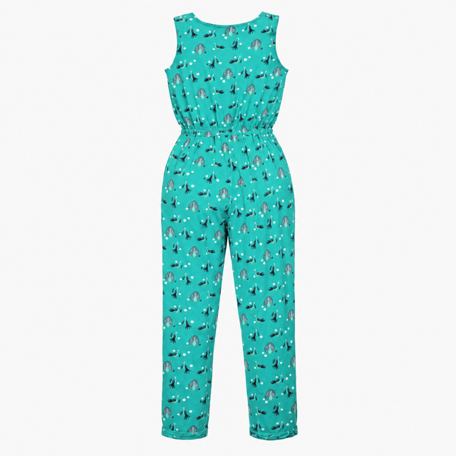 Jumpsuit Teal Green Peacock Print Organic Cotton S