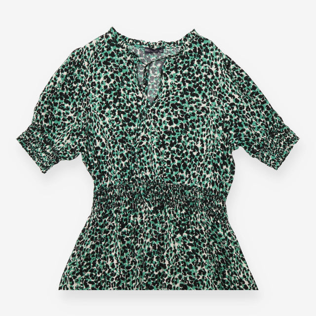Dress Green Animal Print Smocked Midi Short Sleeve
