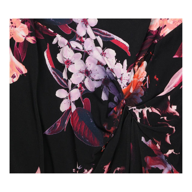 Dress Black Pink Floral Sleeveless Ruched Waist
