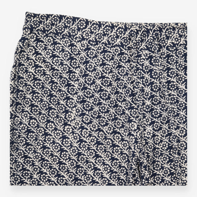Trousers Navy Blue Cream Block Print Floral Cotton