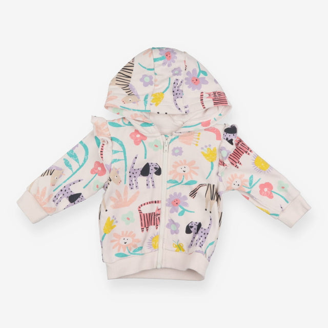 Hoodie zip up white with cats dogs and flowers