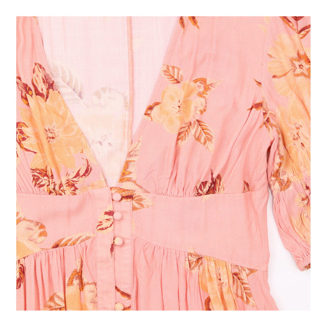 Midi Dress Coral Floral Button Front Puff Sleeve