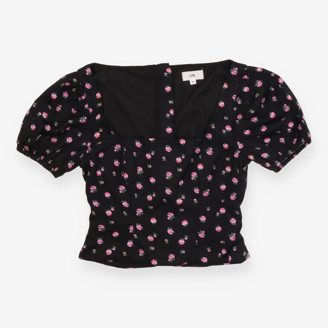 LPA Floral Black Crop Top – Pink Roses, Square Nec