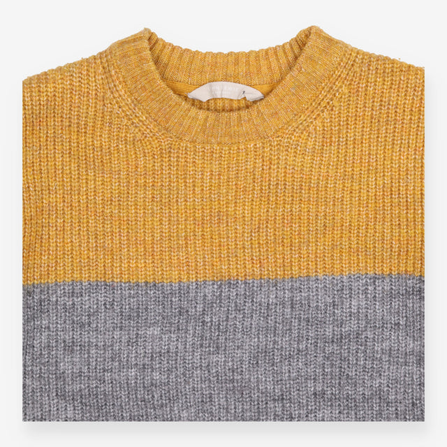 Sweater knit block stripes blue yellow grey