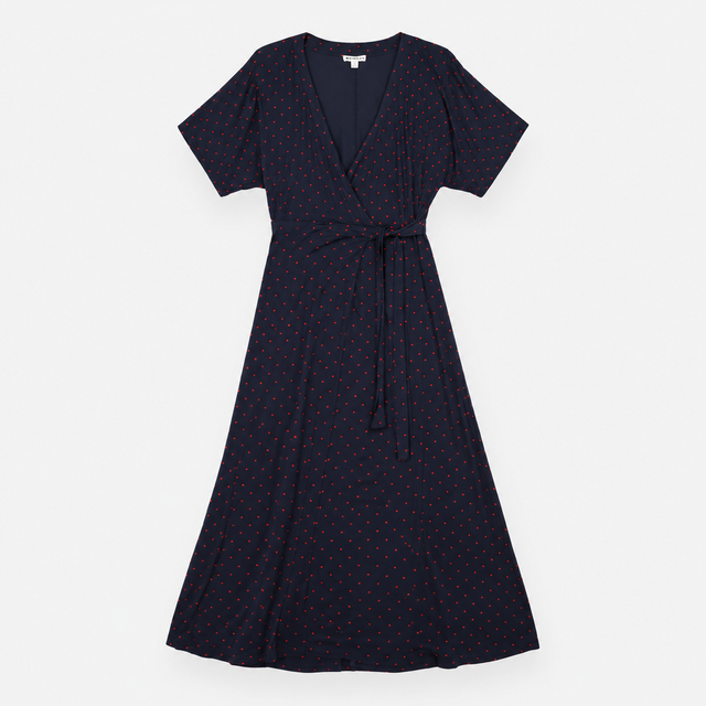 Maxi Dress in Navy with Red Polka Dots and Wrap Fr
