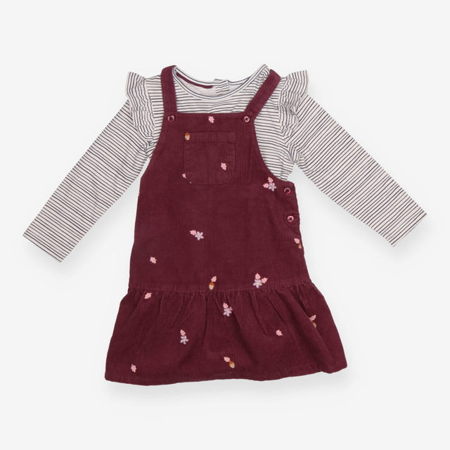 Outfit purple cord pinafore cream stripe LS tee