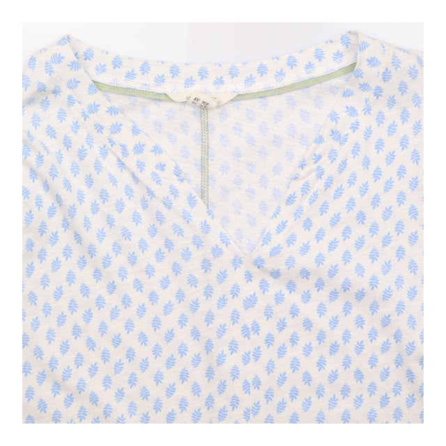 Top White Blue Leaf Print V-Neck Long Sleeve Cotto
