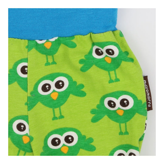 Green joggers with owls and blue cuffs