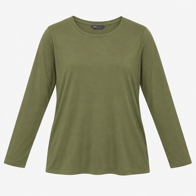 Jersey Top Olive Green Long Sleeve Crew Neck