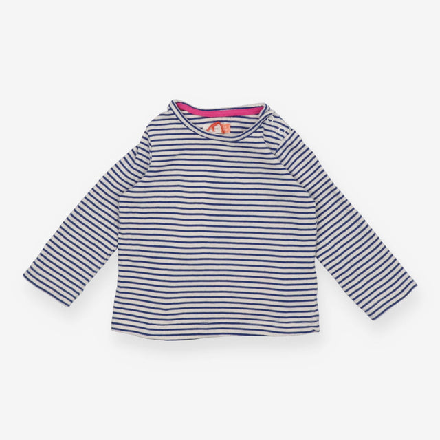 Tee LS bright blue white stripe pink neck edging