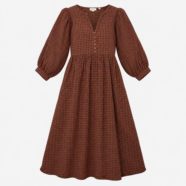 Dress Midi Gingham V Neck Rust Navy