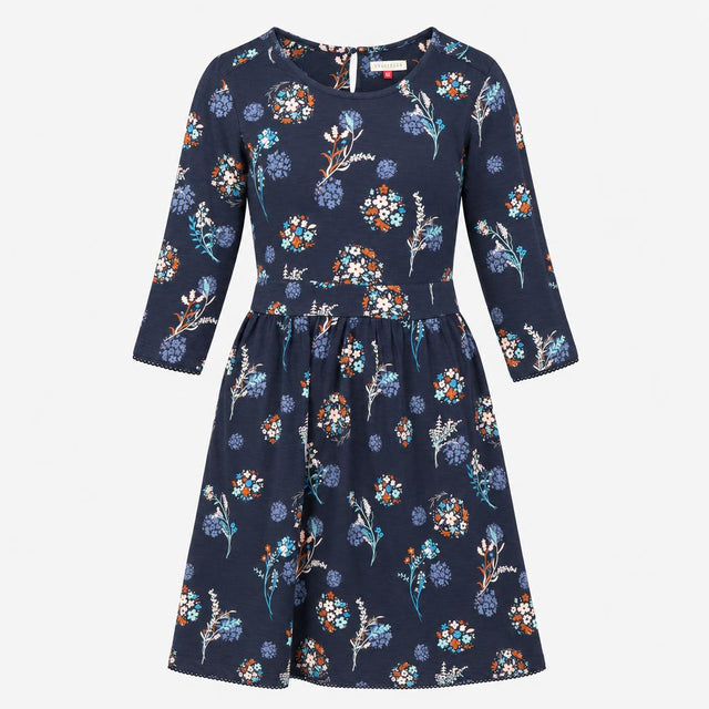Navy Floral Organic Cotton Midi Tea Dress with Poc