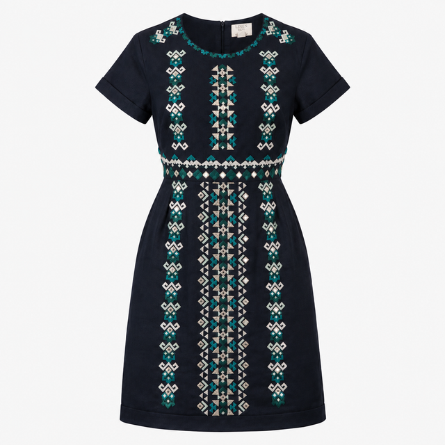Dress Navy Geometric Embroidered Linen Blend Short