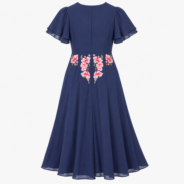 Navy Floral Embroidered Button-Front Midi Dress