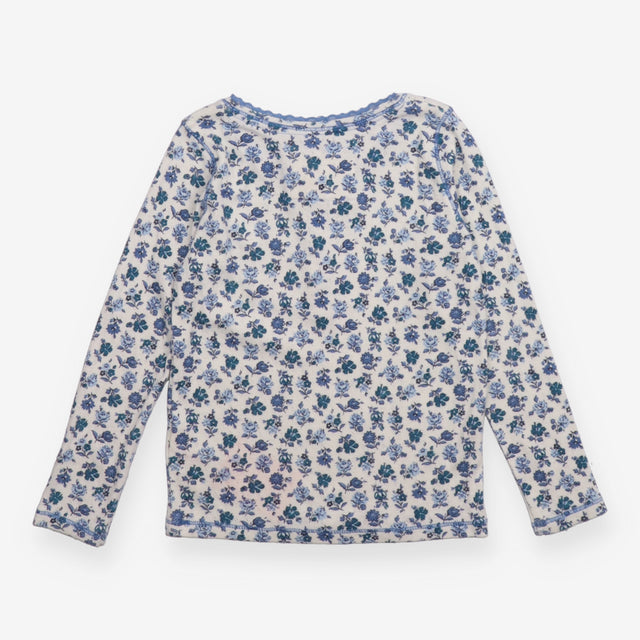 T-Shirt Long Sleeve Pointelle White Blue Floral