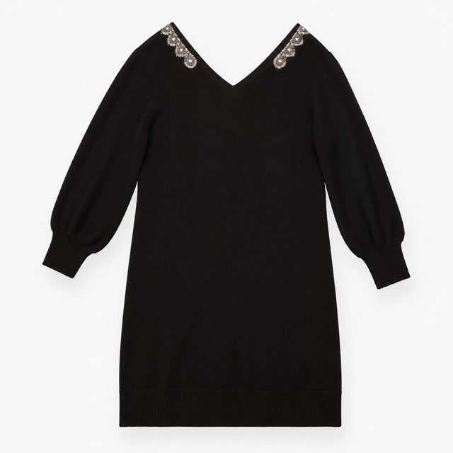 Knit Jumper Dress Beaded Embellished V-Neck Black
