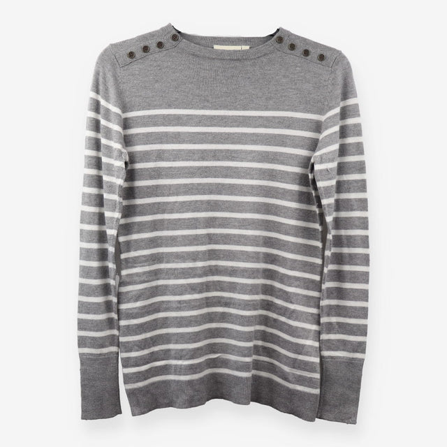 Grey White Stripe Knit Jumper Shoulder Button