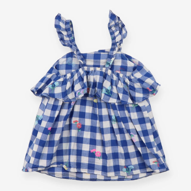 Tunic Sleeveless Blue Checked Gingham Flowers and