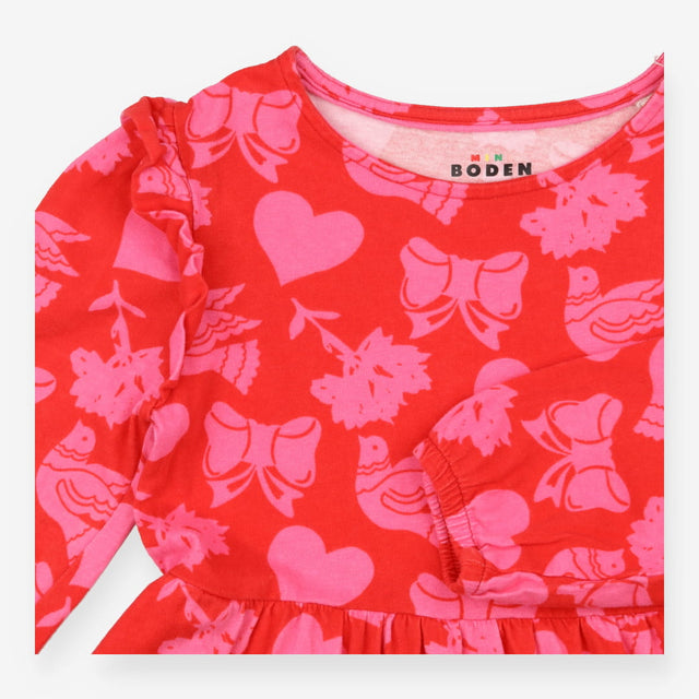 Long Sleeve Dress Red with Festive Pink Ornaments