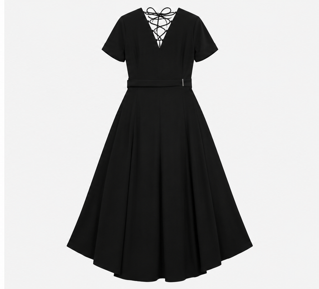 Karen Millen Black Lace Up V-Neck Midi Dress Belte