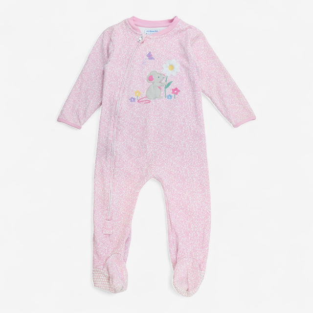 Sleepsuit Zipped Pink Floral with Applique Mouse H