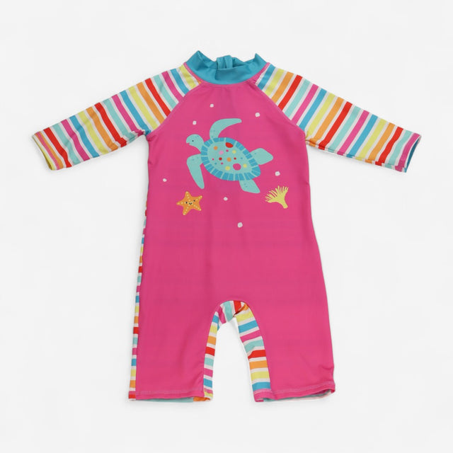 Sunsuit Pink Rainbow Striped Sleeves with Turtle P