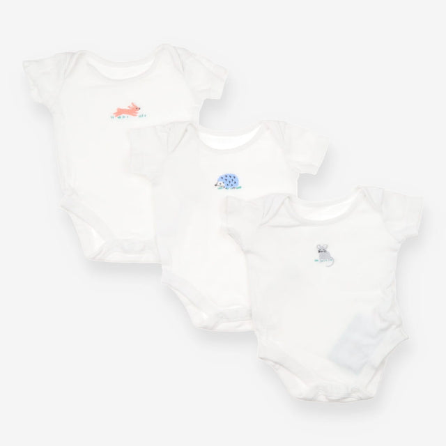 3 pcs bodysuits white with embroidered animals